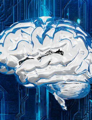 A computer circuit board with a brain on it