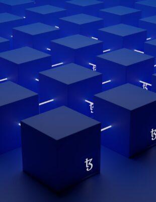 a group of blue cubes with numbers on them
