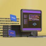 a computer screen with a keyboard and a box with a logo