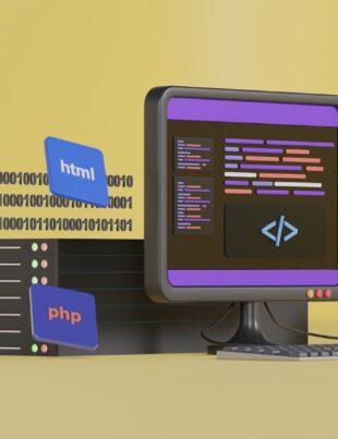 a computer screen with a keyboard and a box with a logo