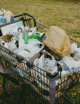 A shopping cart filled with items in a yard